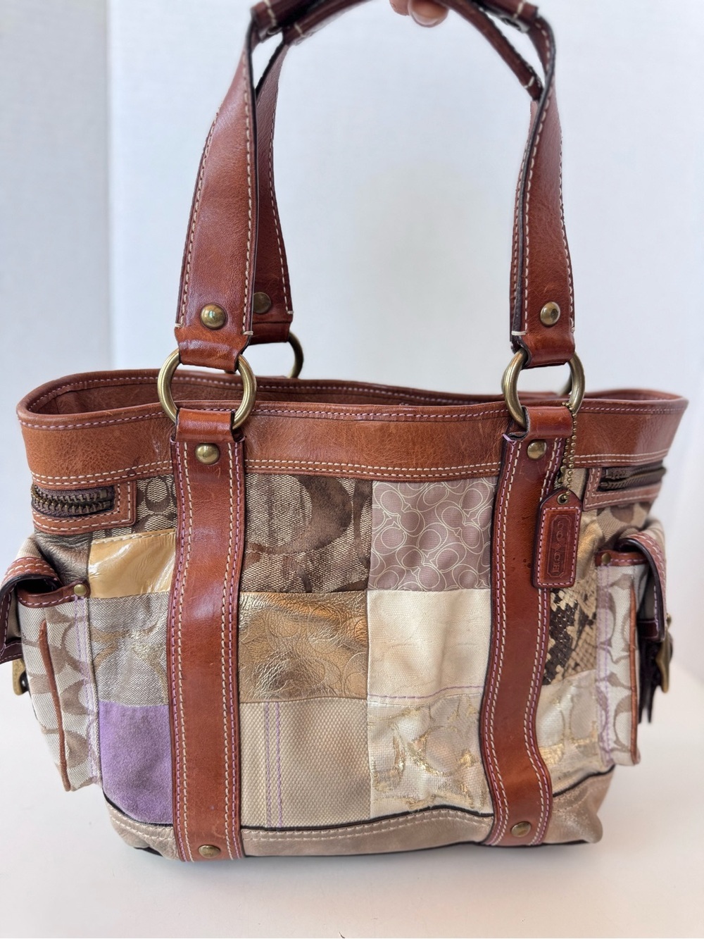 Vintage Y2K Coach Signature Patchwork Leather Suede 10002 Tote Leather Straps